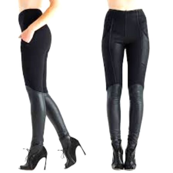 Minxx HI Rise Black Leggings, Faux Leather Shins Size Small, NWT - Picture 1 of 6